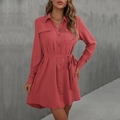 Vestido camisero rosa oscuro de manga larga con botones y cinturón de lazo - S / Caoba