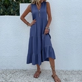 Sleeveless V-neck tiered maxi dress in solid blue featuring decorative front buttons - S / Dresses / Haze Blue