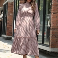 Polka dot high neck dress with ruffled shoulders and pleated detail in light pink color - S / Pink