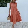 Summer sleeveless V-neck tiered maxi dress in vibrant coral orange with button details - S / Dresses / Orange