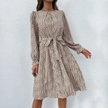 Elegant leopard print long sleeve pleated dress with waist tie in cream white finish - Apricot