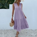 Light purple sleeveless V-neck maxi dress with wooden buttons and tiered skirt - S / Dresses / Purple