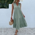 Sleeveless V-neck maxi dress with sage green tiered skirt and decorative buttons - S / Dresses / Mint Green