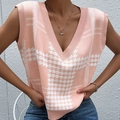 Gilet in maglia pied de poule rosa e bianco con scollo a V per un look alla moda - S / Rosa