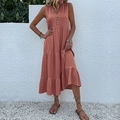 Sleeveless V-neck long tiered dress in dusty pink with decorative front buttons - M / Dresses / Redwood