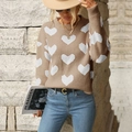 Detail of camel knit sweater featuring white heart jacquard pattern and ribbed cuffs - S / Khaki