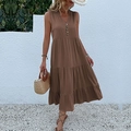 Dark brown sleeveless tiered maxi dress with V-neckline and button details for summer - S / Dresses / Coffee Brown