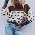 Maglione da donna a collo alto con inserti leopardati e design a blocchi di colore marrone - S / caffè