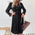 Elegante vestido plisado negro de manga larga con cuello en V y lazo para mujer - S / Negro