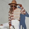Women's casual argyle crewneck sweater in brown and beige knit with ribbed cuffs - S / Coffee Brown
