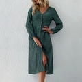 Deep green floral long sleeve V-neck dress with button-down waist and side slit detail - S / Green
