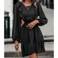 Elegante vestido negro de manga larga con aberturas en la cintura, volantes y mangas farol - XS / Negro