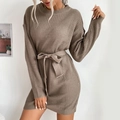 Vestido mini marrón de punto gofrado con manga larga y cinturón de lazo para otoño - S / Marrón