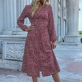 Slim fit red long sleeve polka dot dress with V-neck and button-down front design - S / Burgundy
