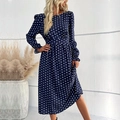 Elegant navy blue polka dot dress with long sleeves and high waist cinched design - S / Navy Blue