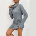 Elegant grey turtleneck knitted long sleeve mini sweater dress for women casual wear - S / Gray