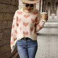 Women's cream knit sweater with pink heart jacquard pattern and a relaxed fit - S / Pink