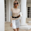 Chic color block knit dress with round neck and vintage waist belt for women - S / Khaki