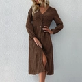 Elegant brown leopard print long sleeve V-neck buttoned dress with slim fit waist - Coffee Brown