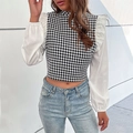 Dames crop top met pied-de-poule patroon, pofmouwen en ruches bij de schouders - S / Tops / Zwart Wit
