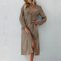 Women's leopard print V-neck midi dress with single-breasted buttons and long sleeves - S / Khaki