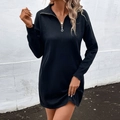 Slim fit black long sleeve knit dress with half-zip collar and ribbed texture fabric - S / Black