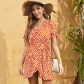 Orange floral summer V-neck dress with ruffle sleeves and waist tie detail - S / Orange Floral