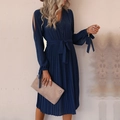 Elegant dark blue long sleeve pleated dress with hollow out V-neck and split sleeve details - S / Navy Blue