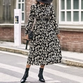 Women's long sleeve printed maxi dress with belt and mock neck in abstract pattern - XS / Black