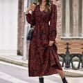 Elegant V-neck long sleeve floral midi dress with red flower print in French retro style - XS / Black