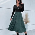 French style long sleeve V-neck patchwork dress with buttons and polka dot pattern - S / Dark Green