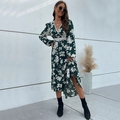 Robe longue fleurie vert foncé pour femme avec taille en dentelle blanche et col V - M / Vert Foncé