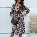 Navy blue V-neck pleated midi dress with abstract animal print and waist tie - S / Navy Blue