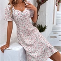 Kortmouwige bloemenjurk met roze print, pofmouwen en kanten hartvormige halslijn - XL / Wit