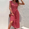 Short-sleeve red floral summer maxi dress with V-neckline and button details - S / Red