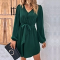 Deep green V-neck long sleeve mini dress with puff sleeves and self-tie waist belt - XS / Dark Green