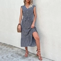 Dark blue floral sleeveless V-neck dress with front buttons and a waist tie for summer - S / Navy Blue
