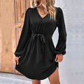 Elegant black V-neck puff sleeve dress with waist tie and button-down front details - XS / Black