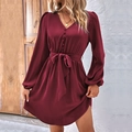 Elegant wine red mini dress with puff sleeves and waist tie in a vintage style - XS / Burgundy