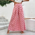 Hose mit hoher Taille, weitem Bein und rotem, rosa Vintage-Wellenmuster für den Sommer - XL / Rot Geblümt
