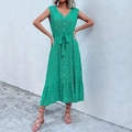 Emerald green sleeveless V-neck floral dress with waist tie and ruffled hem details - S / Green