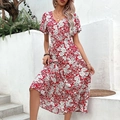 Abito lungo estivo da donna con scollo a V, stampa floreale rossa e vita aderente - S / Borgogna
