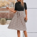 Elegante jurk met korte mouwen, luipaardprint patchwork en hoge taille met strikceintuur - S / Abrikoos