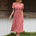 Elegante abito lungo rosso a fiori con scollo a V e cintura in vita per donna - S / Rosso