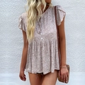 Floral short-sleeve doll blouse in light pink with ruffles and a tie-neck design - M / Apricot