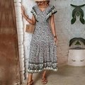 Summer V-neck floral maxi dress with green and pink patterns and ethnic trim detail - S / Black