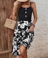 Women summer dress featuring black tank top with white floral print skirt and buttons - S / Black