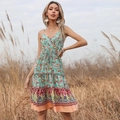 Bohemian paisley print sundress in lake blue with tiered skirt and drawstring waist - S / Green