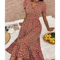 Rotes geblümtes Sommerkleid mit V-Ausschnitt, Puffärmeln und Volantsaum im Strandstil - L / Rot