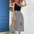 Summer one-shoulder striped maxi dress with high slit and waist tie for a beach vacation look - L / Black & White